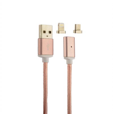 USB дата-кабель COTEetCI M43 с индикатором NYLON USB Lightning & microUSB 2in1+Magnet System CS2157-MRG (1.2 м) Розовое золото - фото 10201