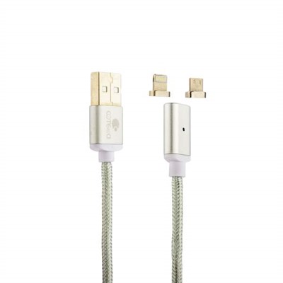 USB дата-кабель COTEetCI M43 с индикатором NYLON USB Lightning & microUSB 2in1+Magnet System CS2157-TS (1.2 м) Серебристый - фото 10202