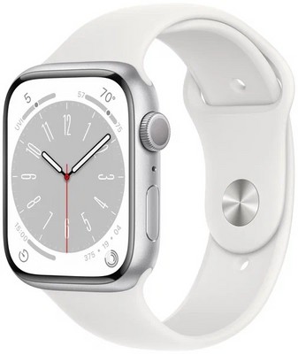 Умные часы Apple Watch Series 8, 41 мм, корпус из алюминия серебристого цвета, спортивный ремешок белого цвета, S/M - фото 17323