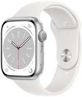 Умные часы Apple Watch Series 8, 41 мм, корпус из алюминия серебристого цвета, спортивный ремешок белого цвета, S/M